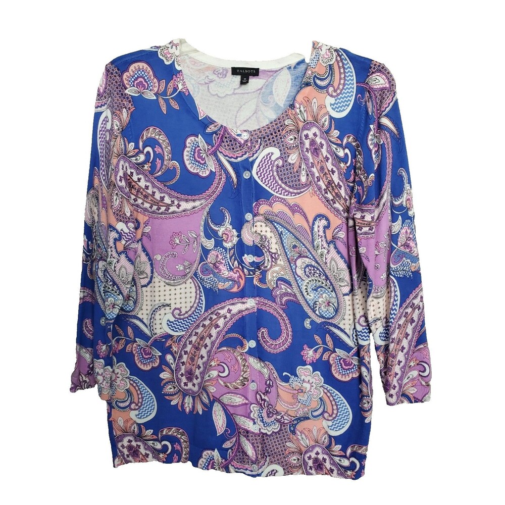 Talbots Cotton Blend Paisley 3/4 Sleeve Button-Up Cardigan Sweater Size MED